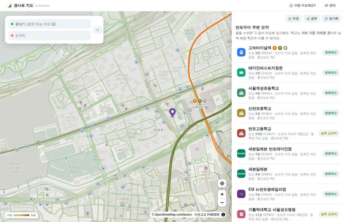 임장 요약 카드 — 단지 주변 지하철역·학교·편의점·병원까지의 도보 시간과 경사
